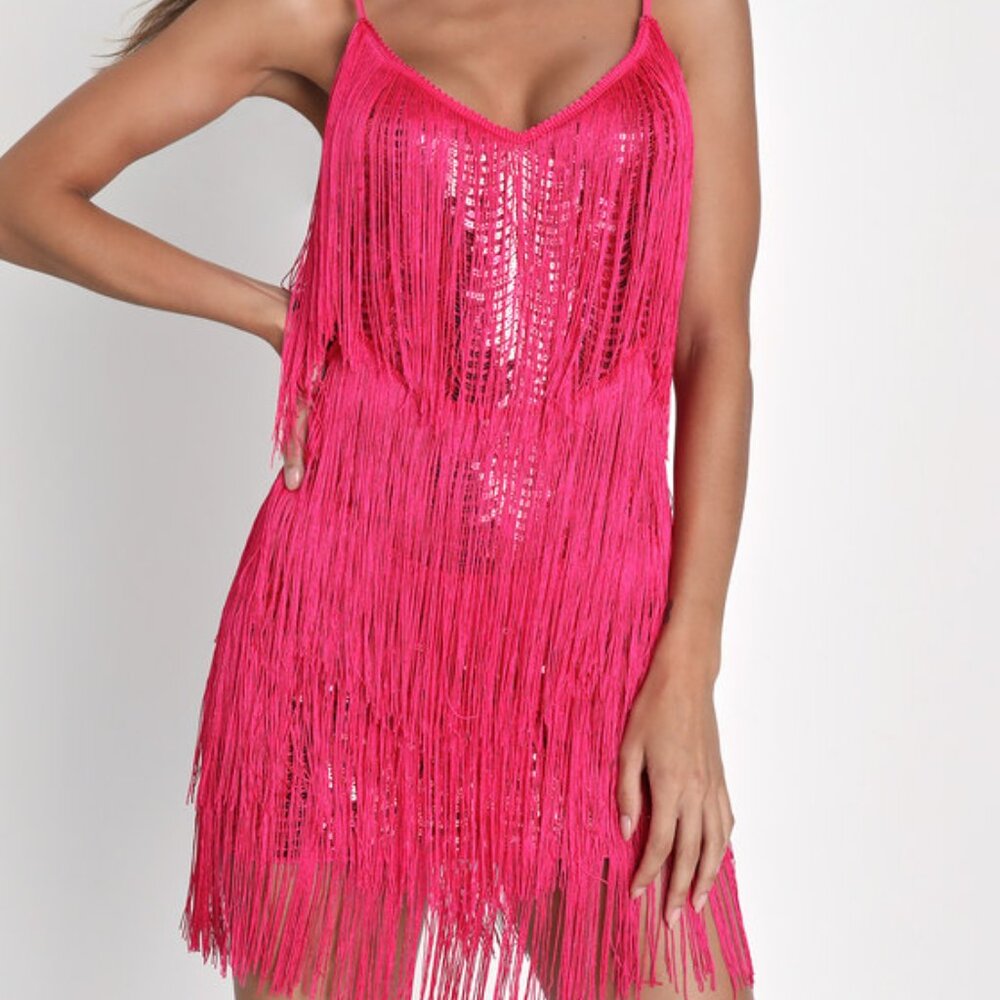 Lulus Get In The Groove Hot Pink Sequin Fringe Bodycon Dress - Size L